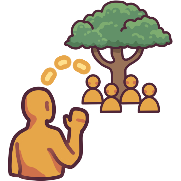 a person waving to a group of people gathered under a tree. A dotted yellow line connects them.